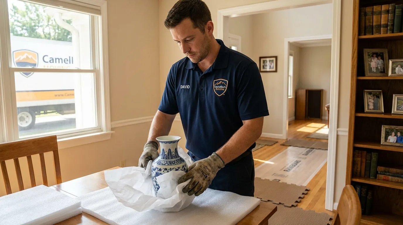 Professional crew carefully wrapping antique vase for senior downsizing move in Tombstone, AZ
